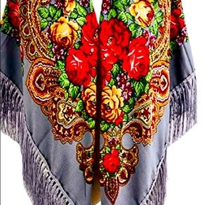 Woman’s Shawl/Wrap. 100% Cotton. Silver with Floral Print. Measures 52”X 52”.